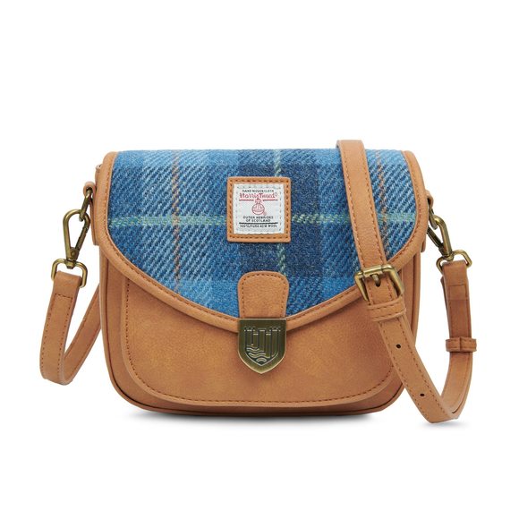 The Mini Saddle Bag With Shoulder Strau Leather And Harris Tweed Blue >:) - Picture 1 of 5